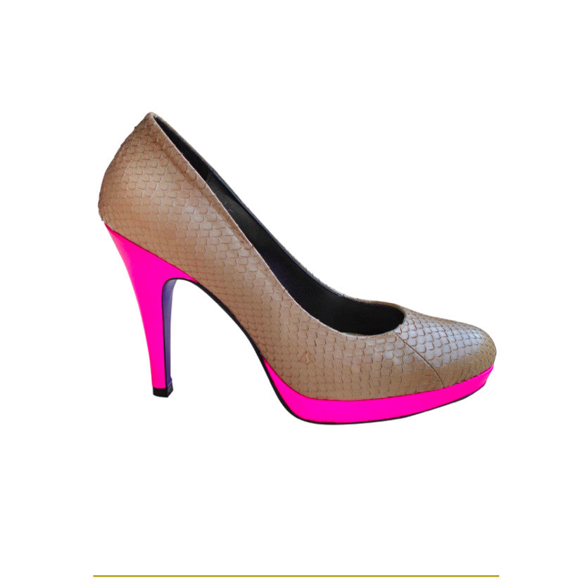 Fitting/ display Sample - Beige snake and neon pink platform pumps, size 37.5