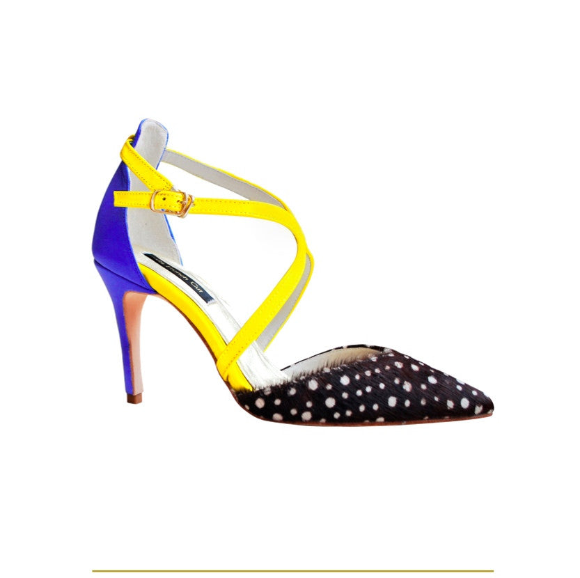 Fitting/ display Sample - Printed dots, blue and yellow pointy pumps, size 37.5