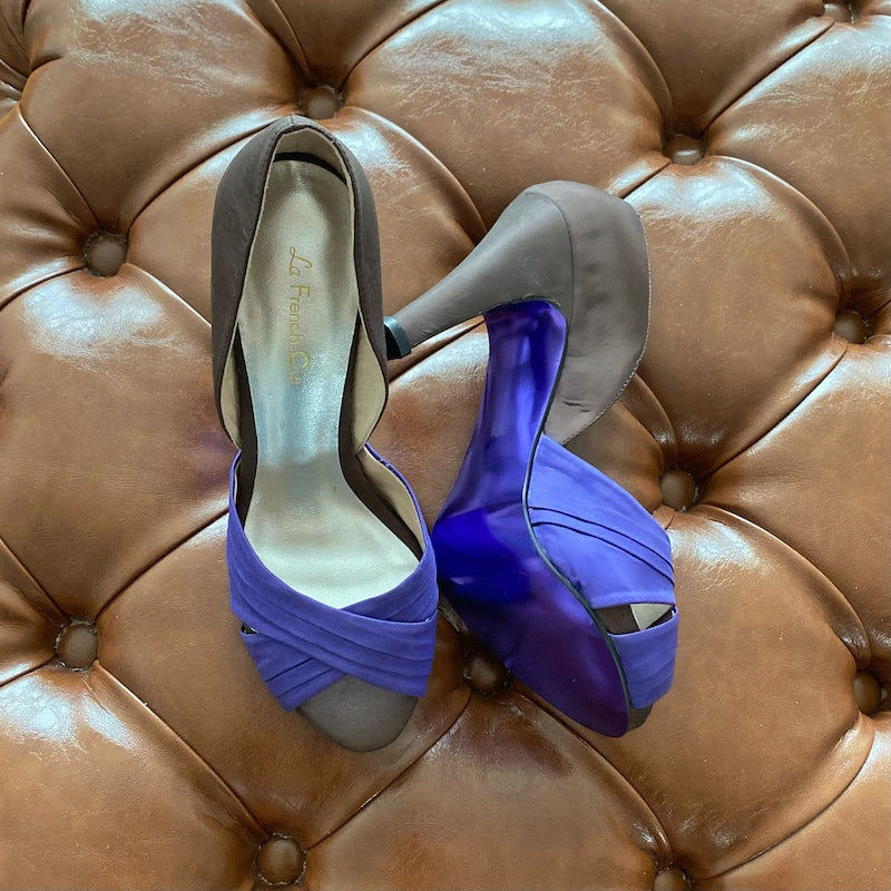 Fitting/ display Sample - Brown & purple satin platform pumps, size 37.5 (Grade A)
