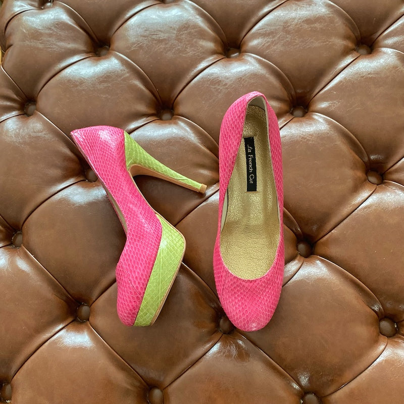 Fitting/ display Sample - Fuschia and light green snake platform pumps, size 35 (New)