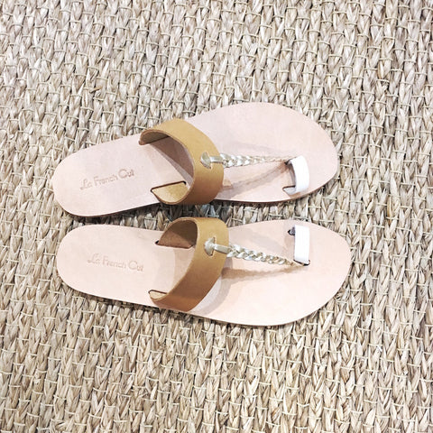 Leather Flat Sandals - Egyptian Style Tan & Gold, size 38