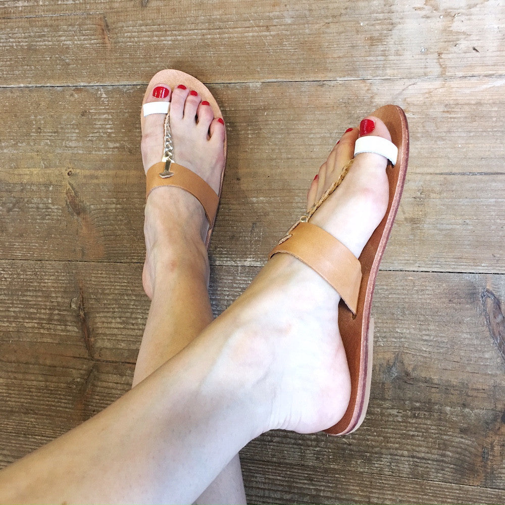 Leather Flat Sandals - Egyptian Style Tan & Gold, size 38