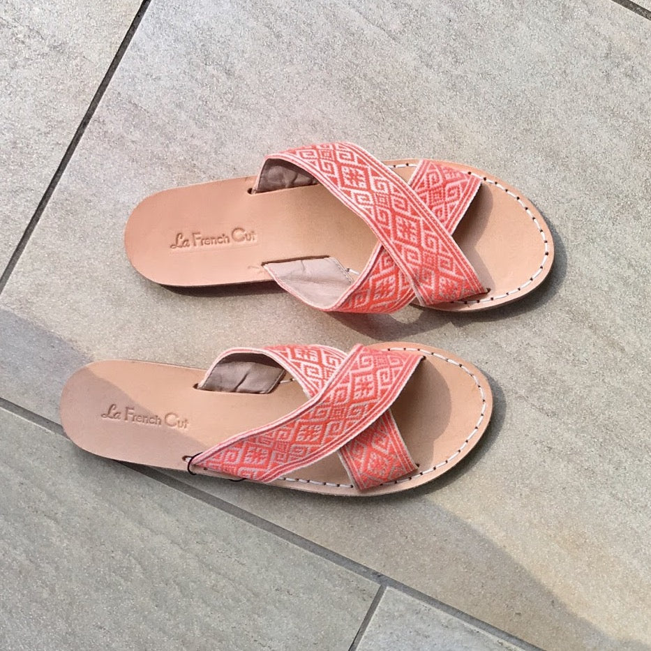 Limited collection Leather Flat Sandals - Ottoman Style Salmon printed fabric, multi-sizes