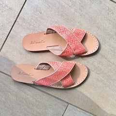 Limited collection Leather Flat Sandals - Ottoman Style Salmon printed fabric, multi-sizes