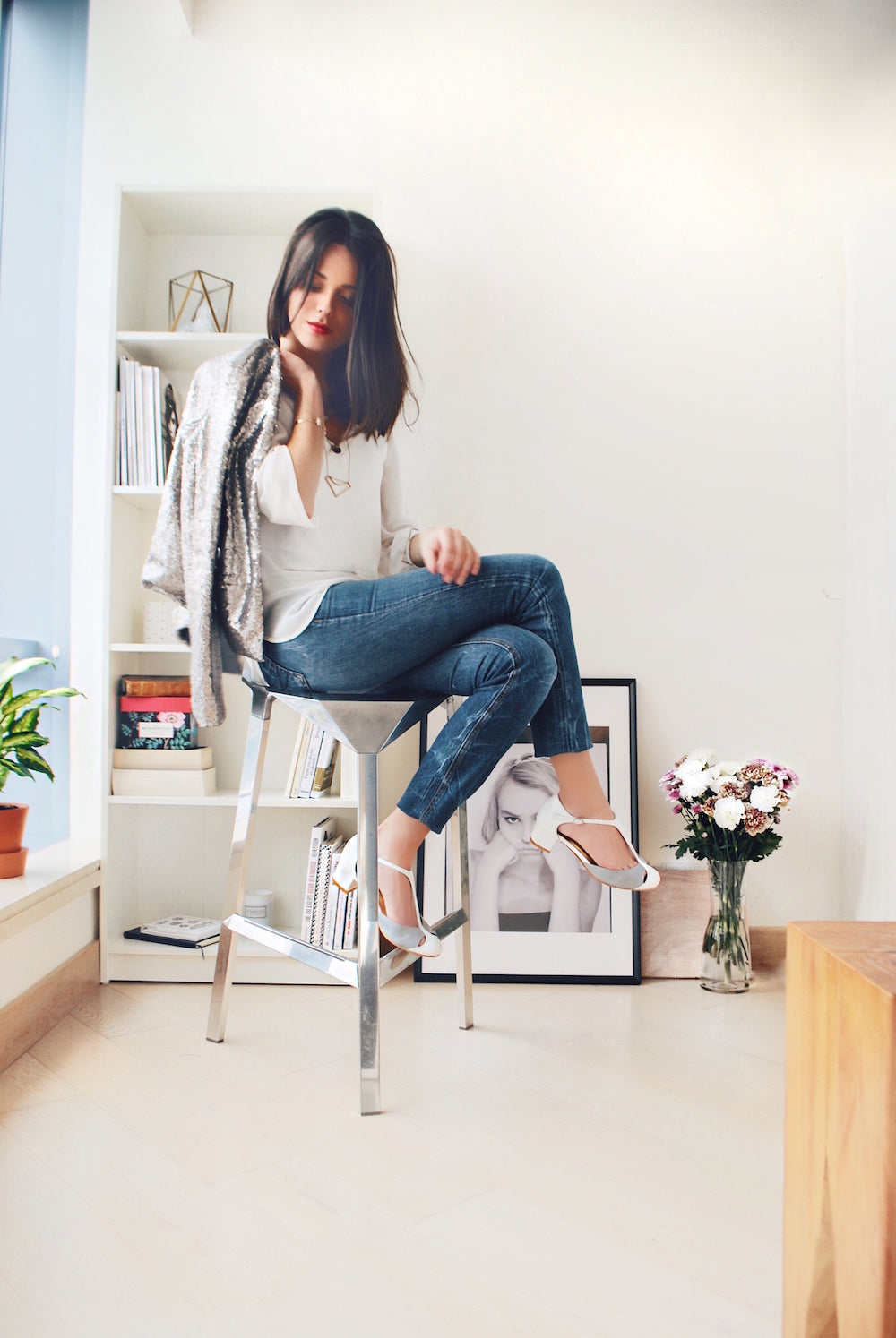 Spring Limited - Grey and White T-strap pumps