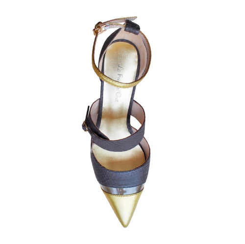 Fitting/ display Sample - Gold leather & Beige snake pointy pumps, size 37.5 (Grade B)