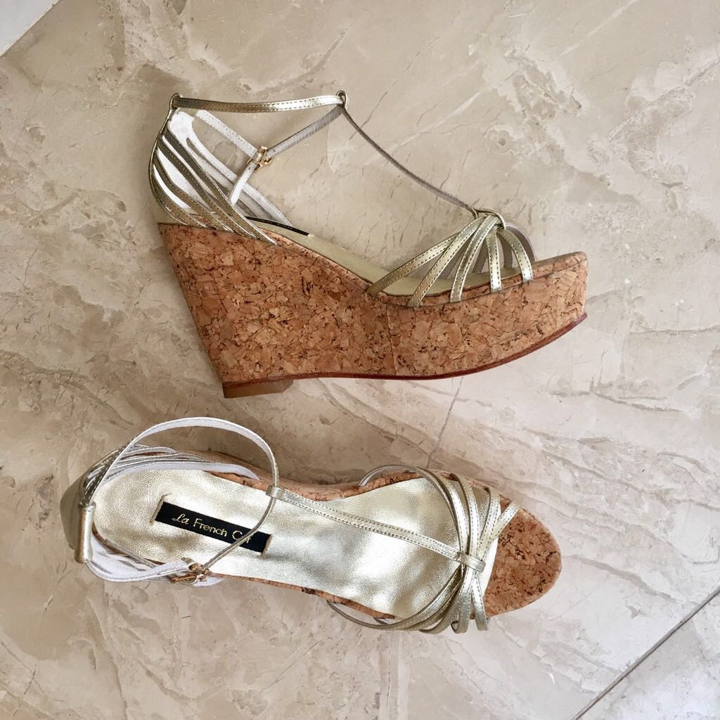 Gold and cork strapy wedges