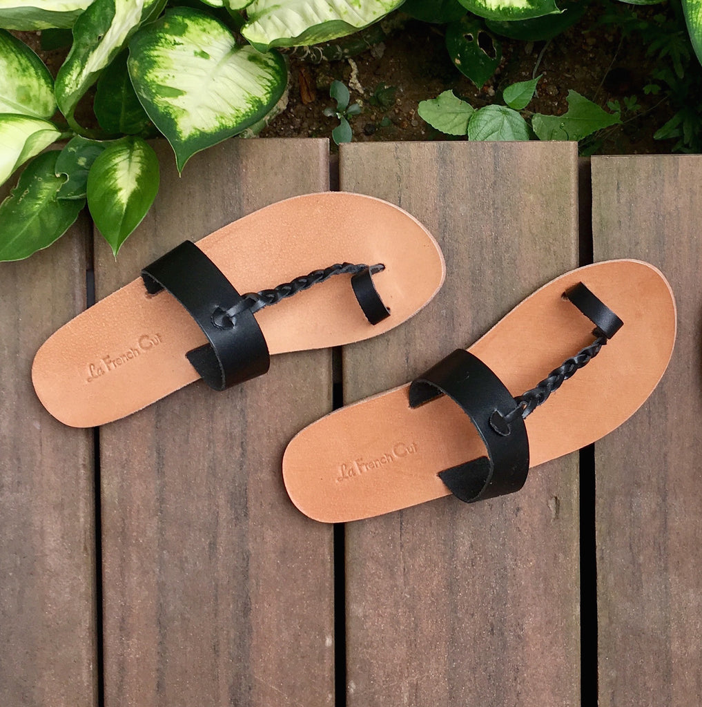 Leather Flat Sandals - Egyptian Style Black
