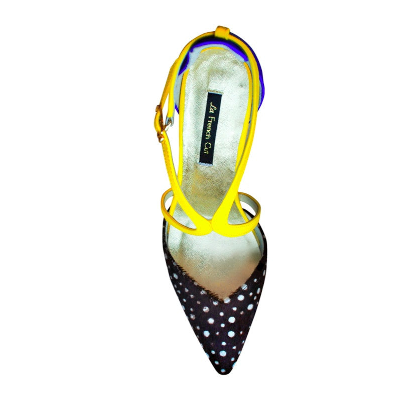 Fitting/ display Sample - Printed hair, blue & yellow pointy pumps, size 37.5 (Grade B)